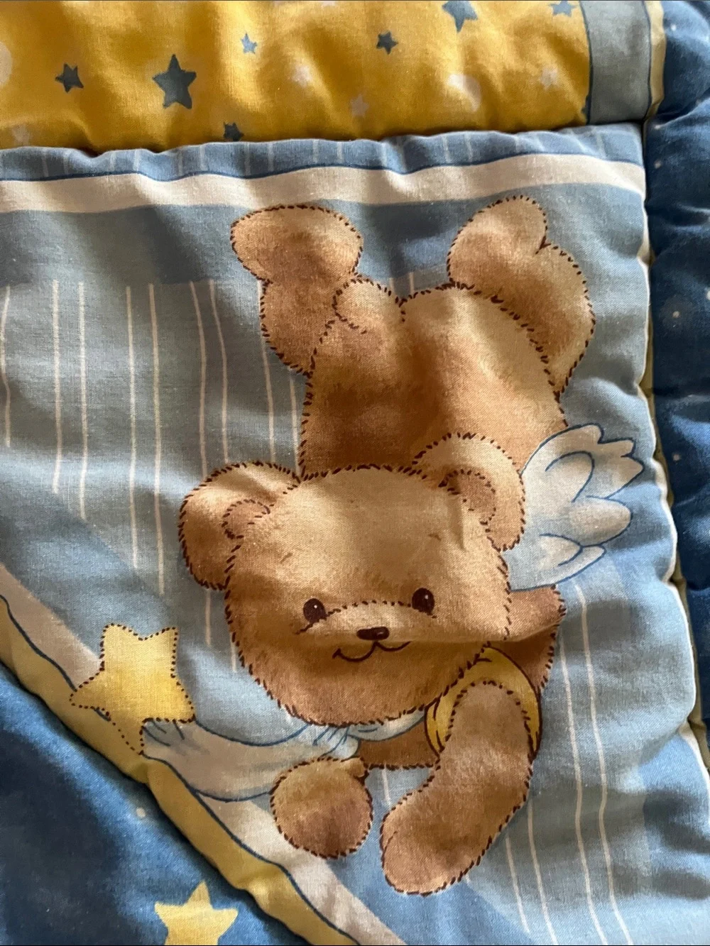 90’s Celestial Angel Teddy Bear Moon and Stars Baby Quilt - Blue and Yellow